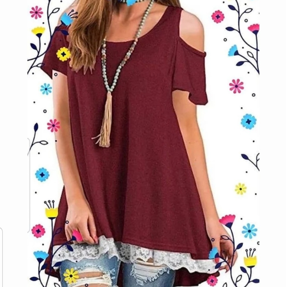 Cold shoulder flowy lace Red top